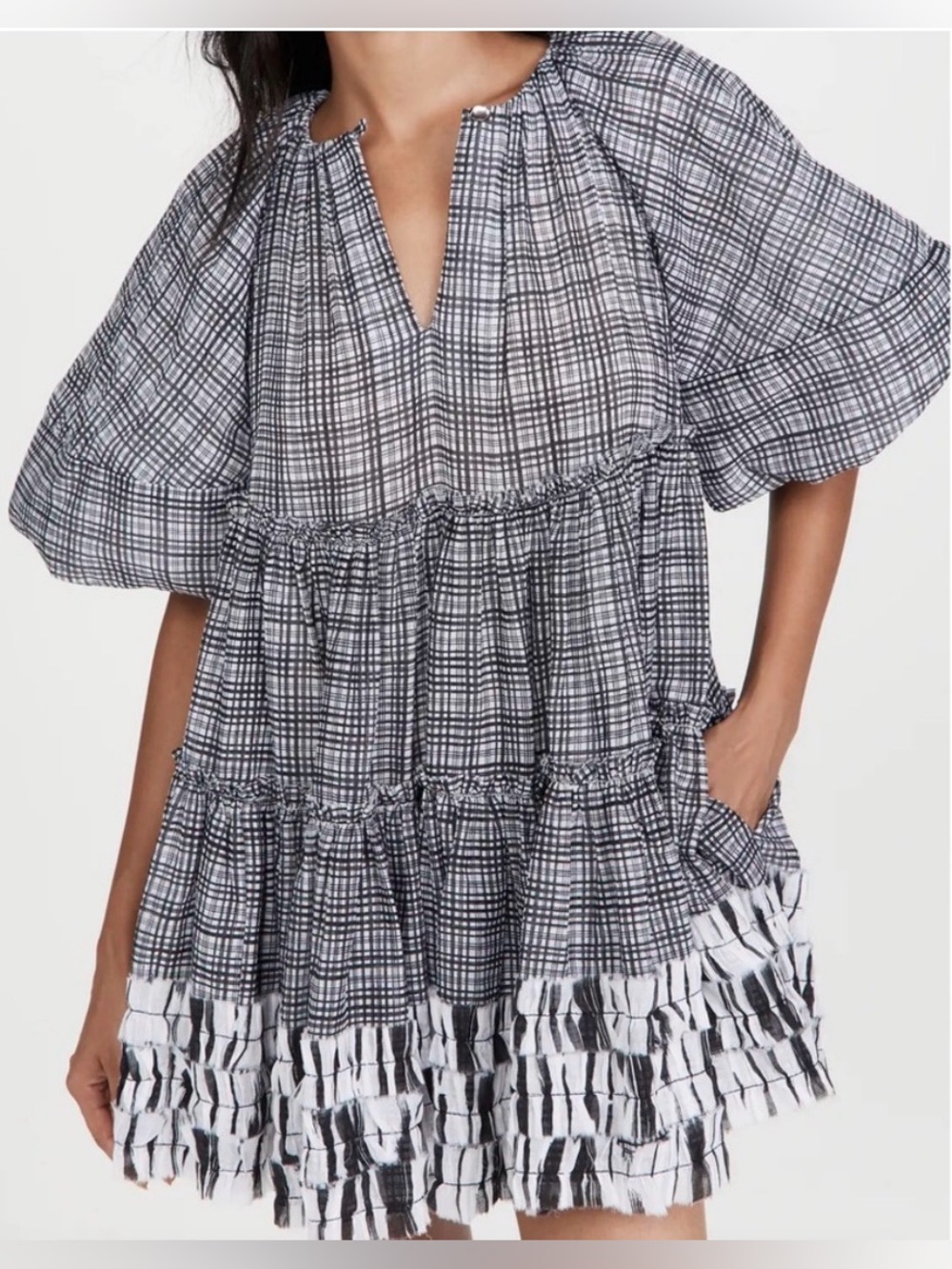 Aje Memento Black White Plaid Print Cotton Tiered Mini Dress - Picture 3 of 16